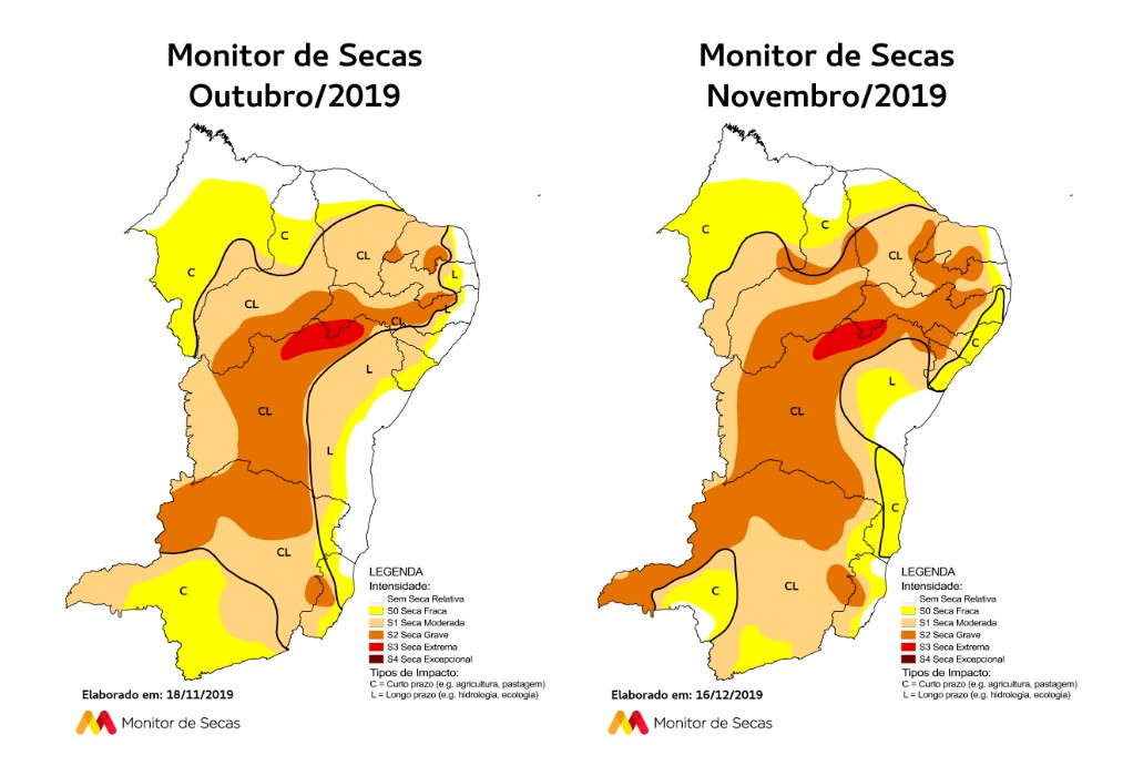 Comparativo mensal indica avanço da seca (FOTO: Reprodução/Monitor de Secas)