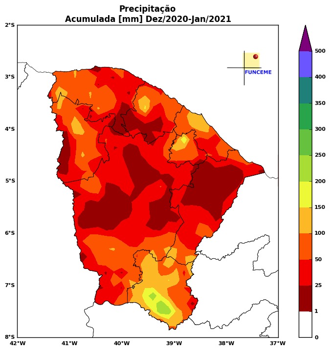 Mapa com distribuição dos acumulados de chuva (FOTO: Funceme)