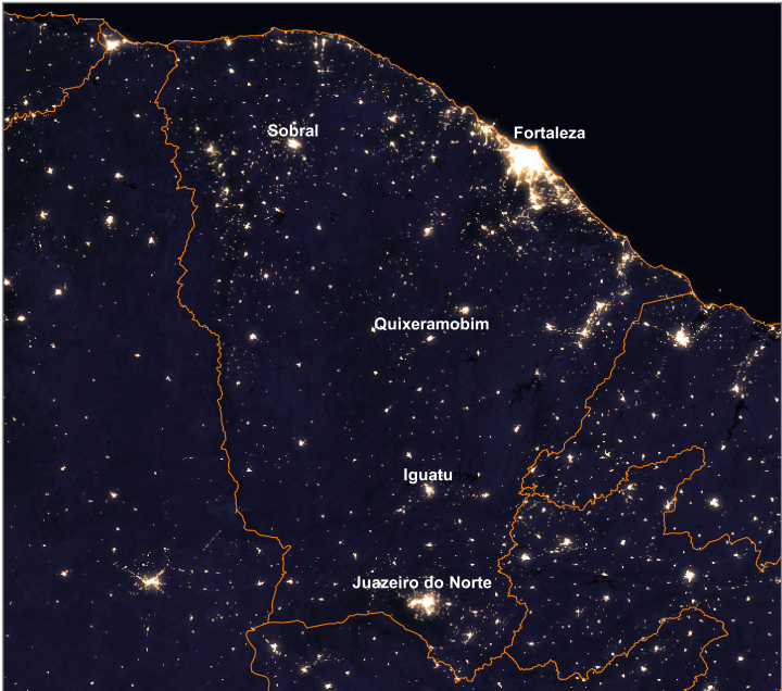 Iluminação noturta do Ceará (FOTO: Funceme/Nasa)