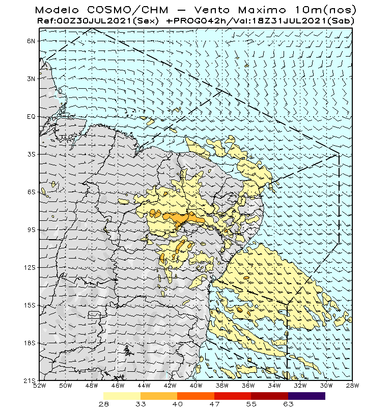 Resultado de modelo numérico da Marinha. Em tons de amarelo, locais onde o vento pode ter valores mais extremos (FOTO: CHM)