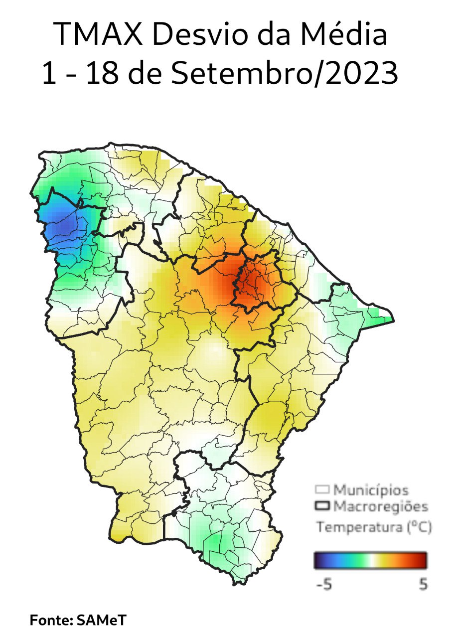 Mapa com Desvio de Temperatura do Ceará em setembro de 2023. (Figura: Funceme)