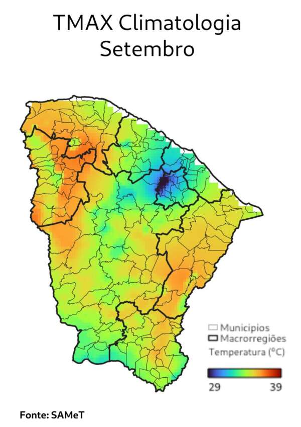 Mapa com Climatologia de setembro para o Ceará. (Figura: Funceme)