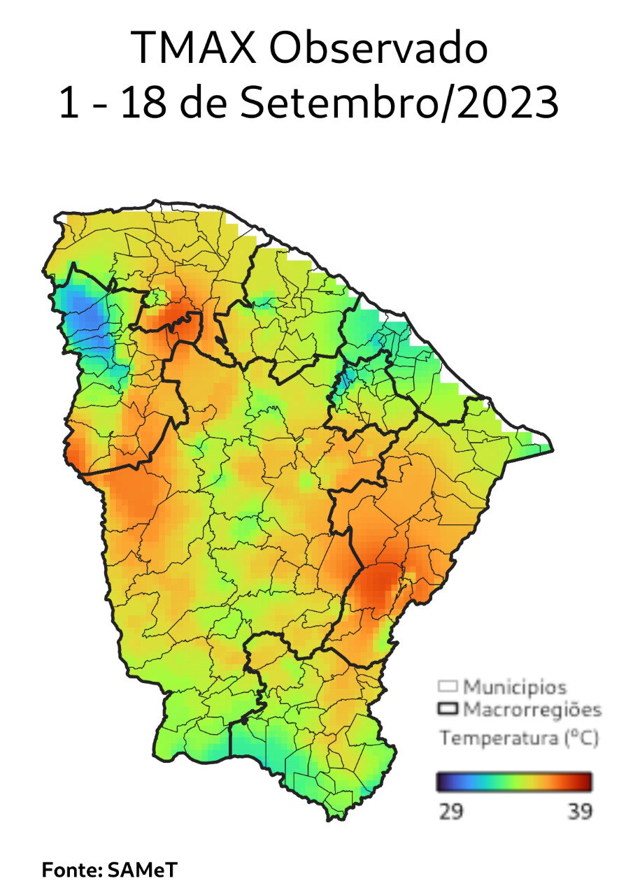 Mapa com Temperatura Máxima Observada de setembro de 2023. (Figura: Funceme)