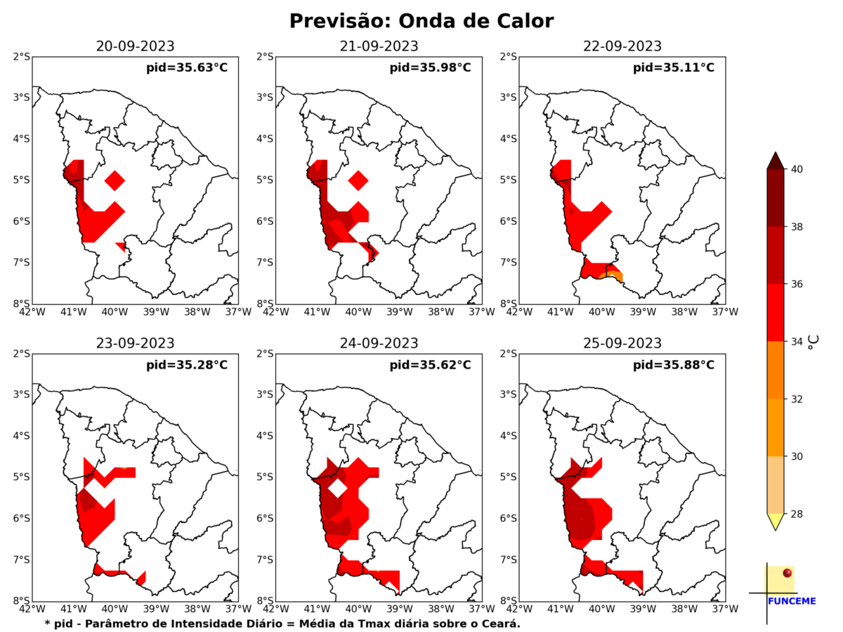 Previsão de ondas de calor no Ceará para os dias 20 a 25 de setembro de 2023. (Figura: Funceme)