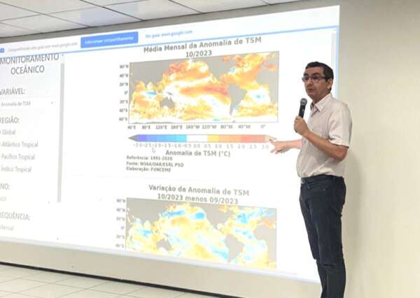 Os gráficos apresentados pelo técnico indicam o aumento na temperatura do oceano Pacífico, causando o fenômeno conhecido por El Niño (FOTO: SRH)