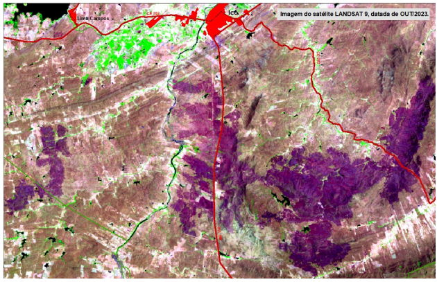 Resposta espectral de uma cicatriz de queimada (roxo) nas imagens de satélite em Icó (FOTO: Landsat)